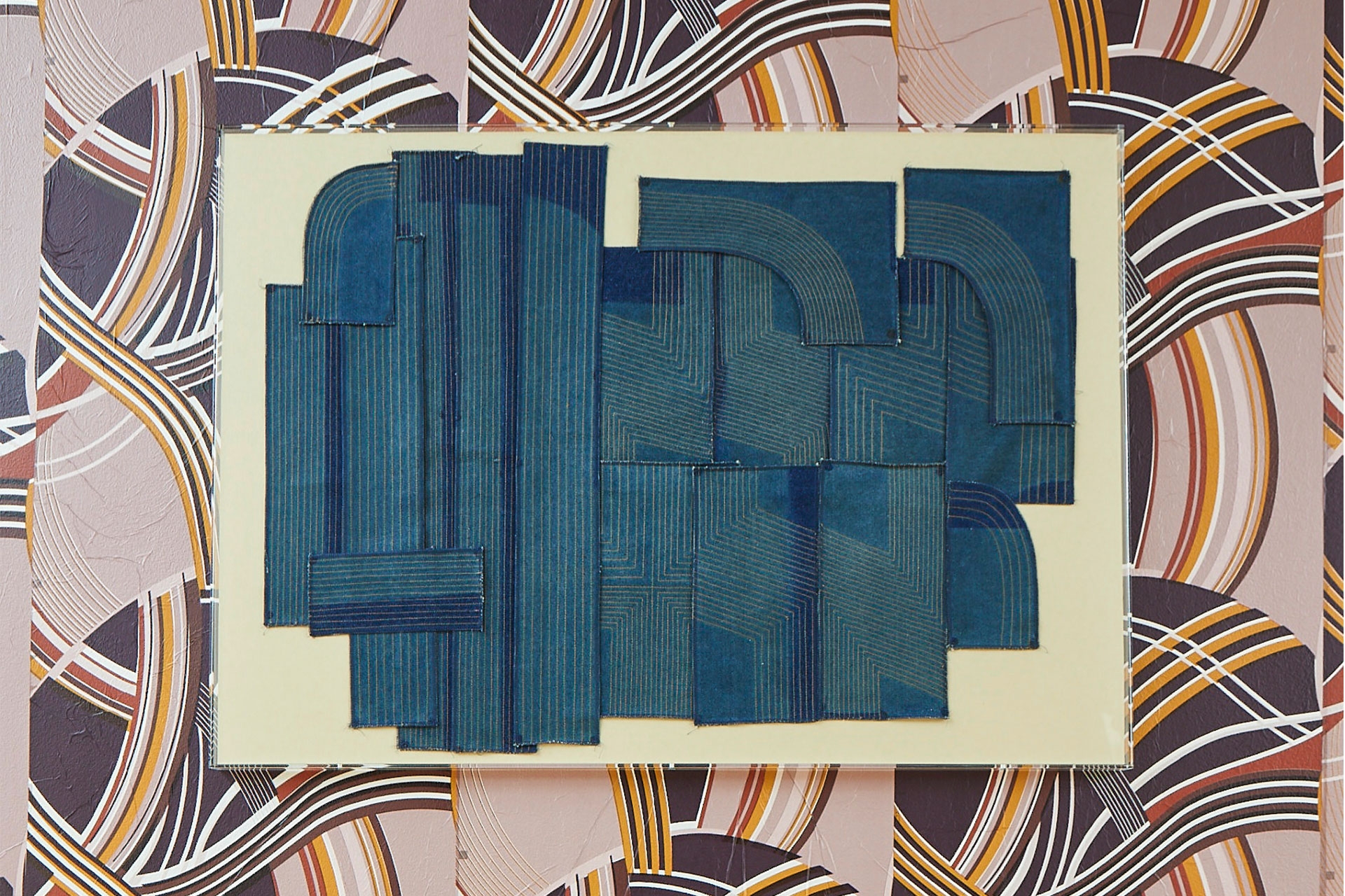 Untitled (practice pieces on denim), 2020, denim thread, 114.3 x 76.2 cm