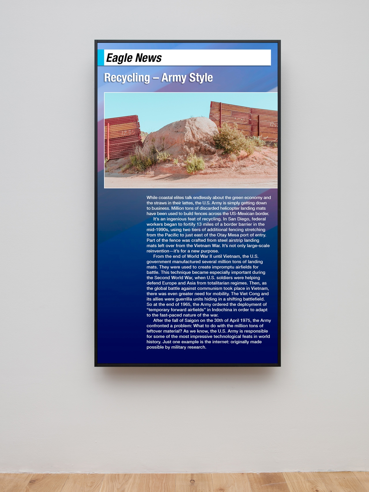 Sung Tieu, Recycling - Army Style, 2020, 4 image looped digital file, two 75” display TV screens, 01:30 min.