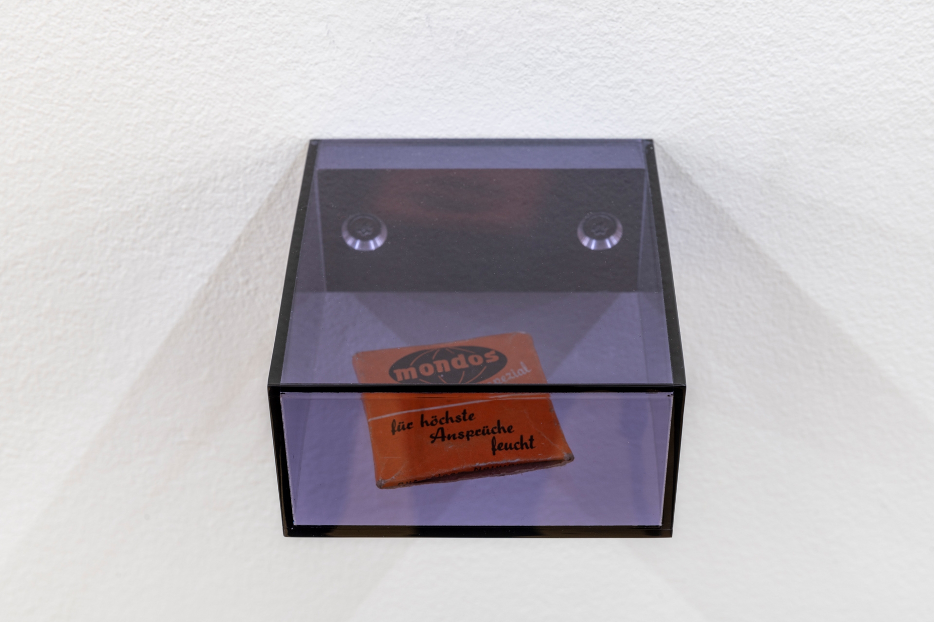 Sung Tieu, Mondos, 2022 Condom from VEB Plastina Erfurt, Perspex, stainless steel back, 5 x 10 x 11 cm, Unique
