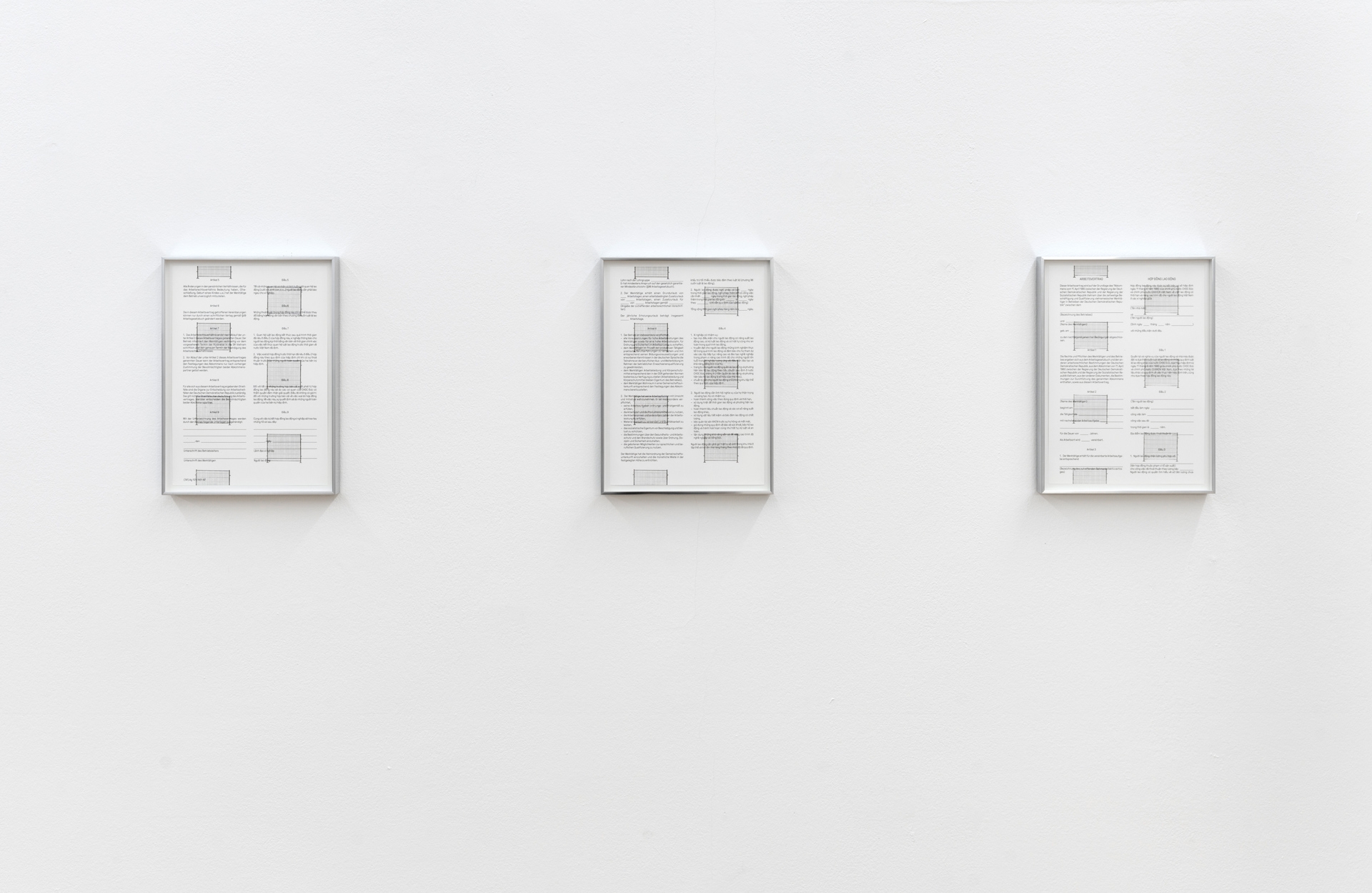  Sung Tieu, Work contract, 2021 Set of 3 documents, stamps on digital prints, 33 x 22 cm each (framed)