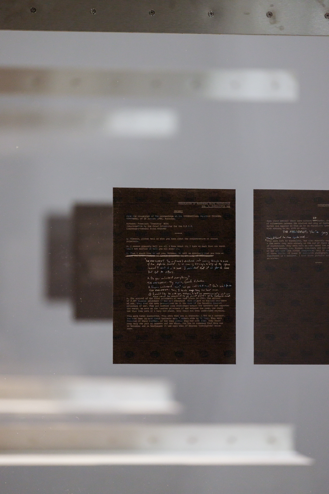 Lawrence Abu Hamdan, Errata, 2022, 11 typed and handwritten text on carbon paper, 21 x 29.7 cm,  Installation view: The Sonic Image, Sharjah Art Foundation, 2022
