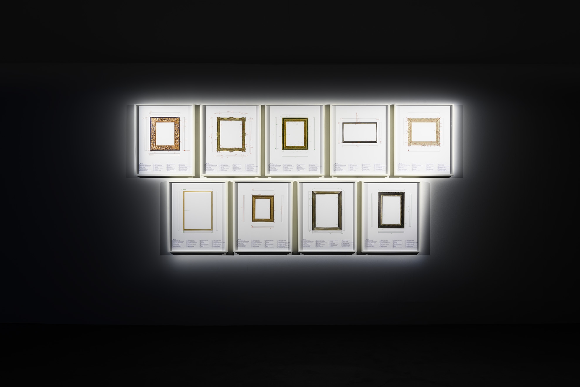 Walid Raad, Epilogue V: The Frames, 2021, Nine pigmented inkjet prints, 60 x 72 cm each, Installation view Museo Nacional Thyssen-Bornemisza, Madrid, 2021