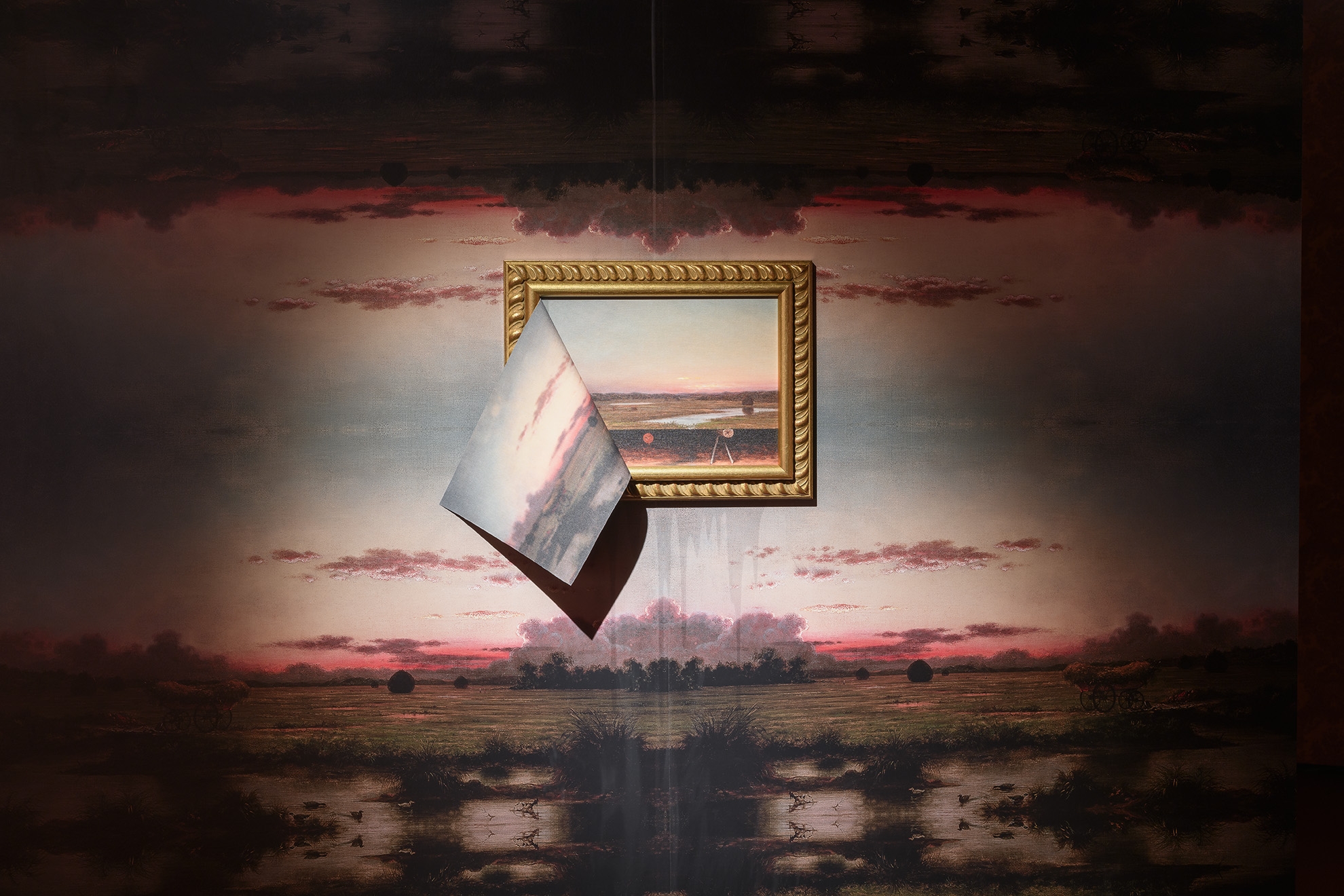 Walid Raad, Epilogue IX: The Gremlins, 2021, Wood, wallpaper, pigmented inkjet print, 250 x 200 cm, Installation view Museo Nacional Thyssen-Bornemisza, Madrid, 2021