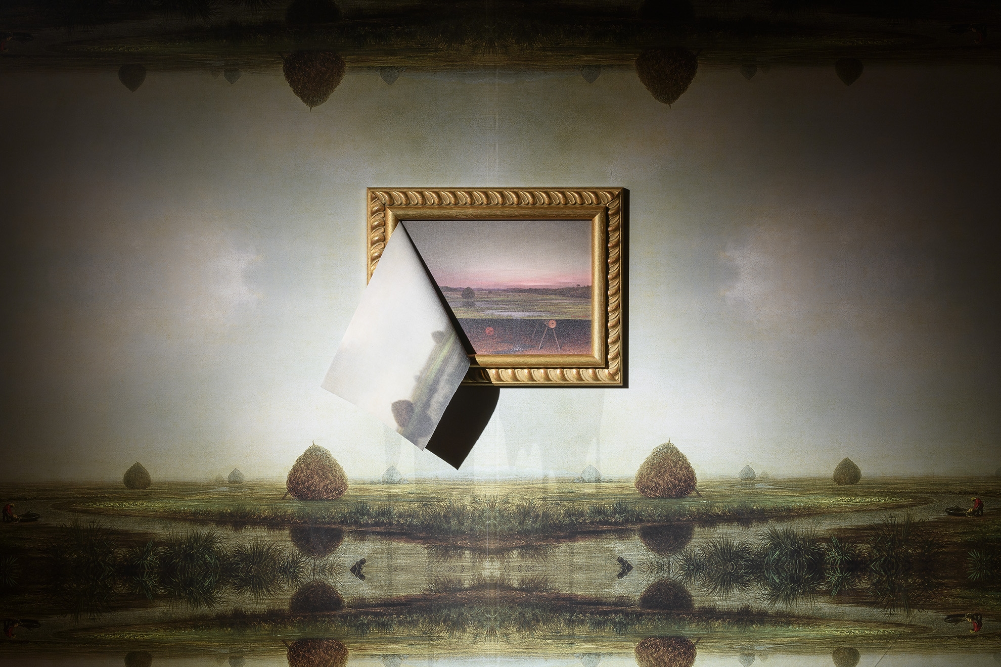 Walid Raad, Epilogue IX: The Gremlins, 2021, Wood, wallpaper, pigmented inkjet print, 250 x 200 cm, Installation view Museo Nacional Thyssen-Bornemisza, Madrid, 2021