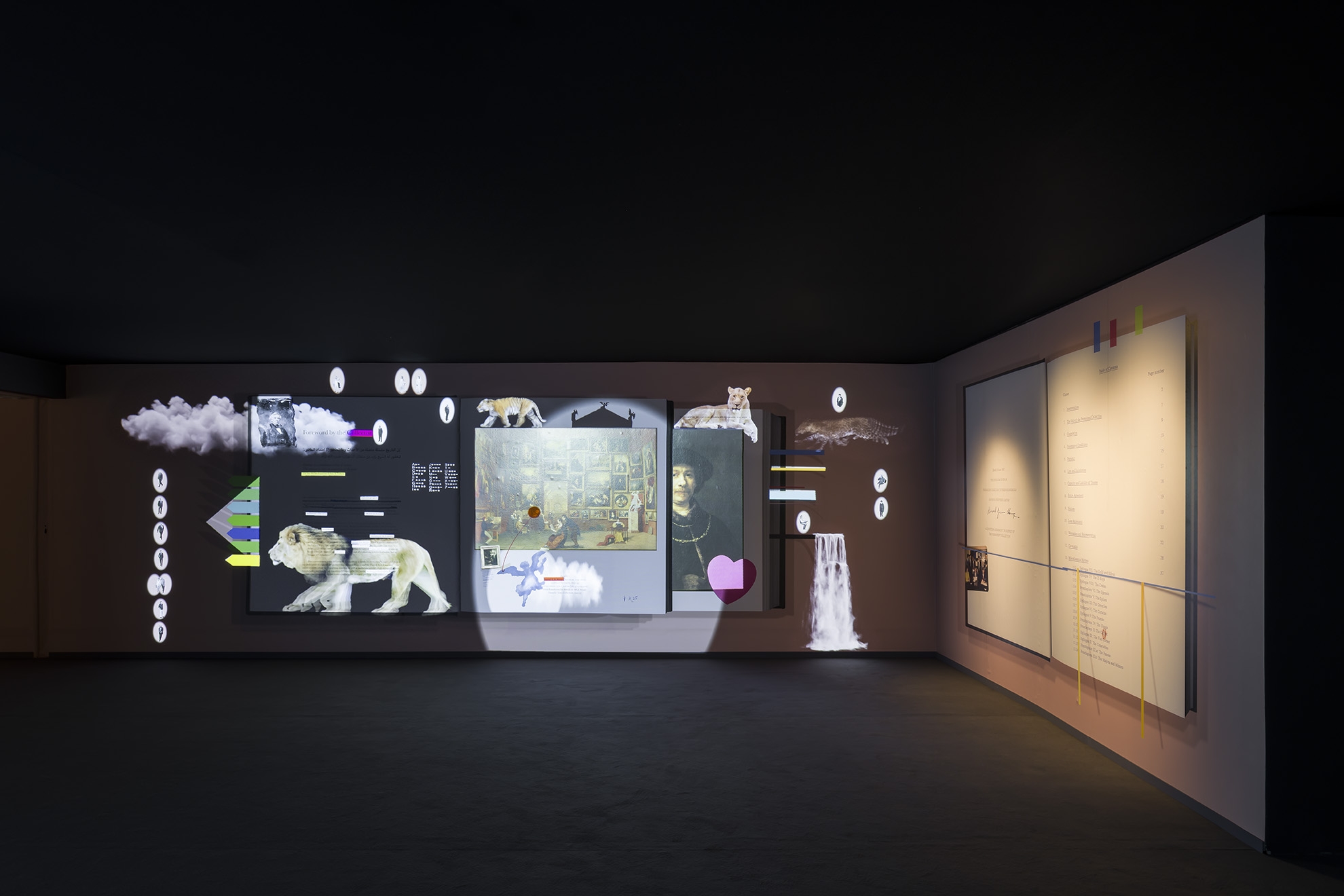 Walid Raad, Frontispiece VI: The Spreads (Gremlins), Single channel video projection, silent, wallpaper file, inkjet print cutouts of figures, Edition 3 + 2 AP, Installation view Museo Nacional Thyssen-Bornemisza, Madrid, 2021