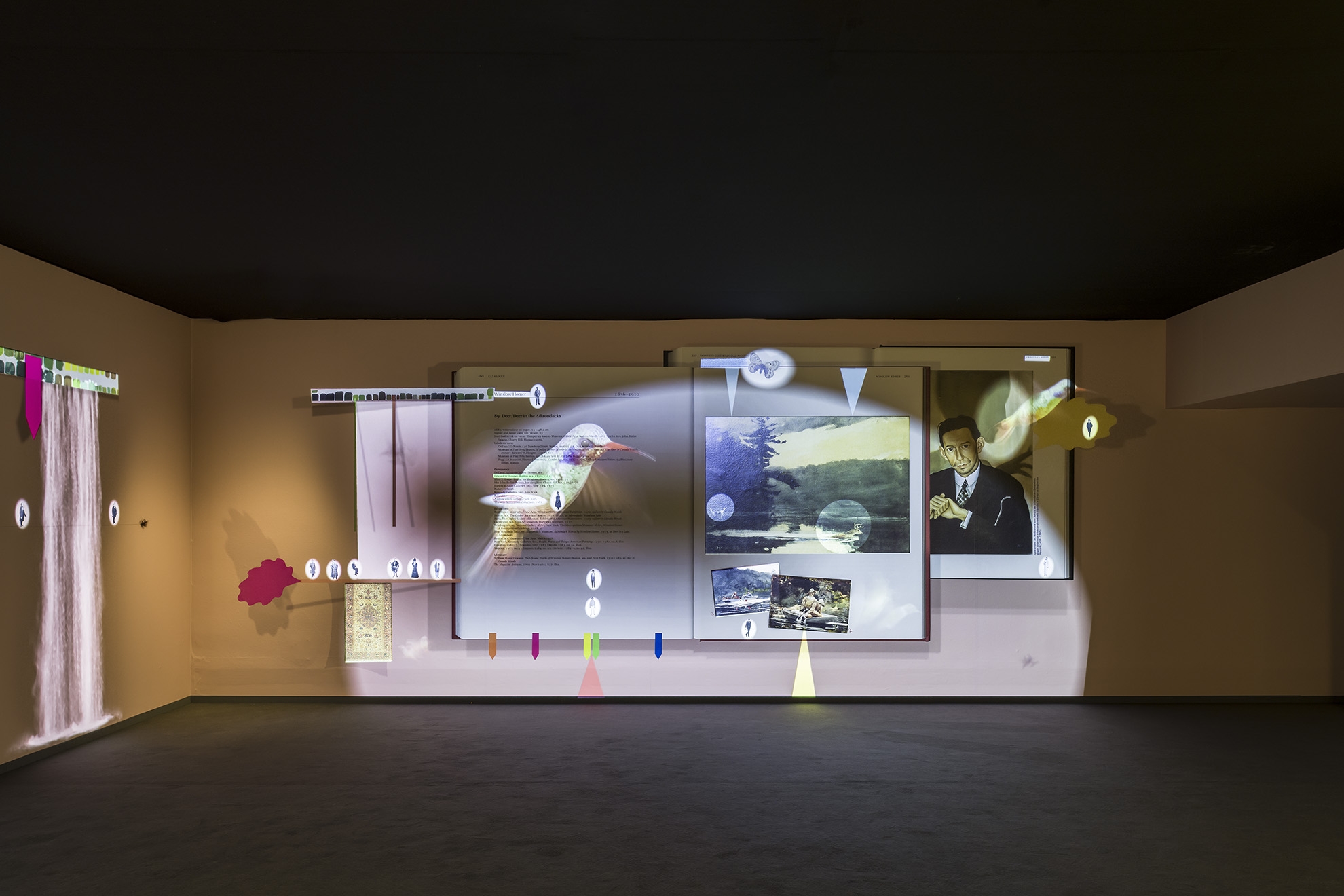 Walid Raad, Frontispiece VI: The Spreads (Deer Hunting), Single channel video projection, silent, wallpaper file, inkjet print cutouts of figures, Edition 3 + 2 AP, Installation view Museo Nacional Thyssen-Bornemisza, Madrid, 2021