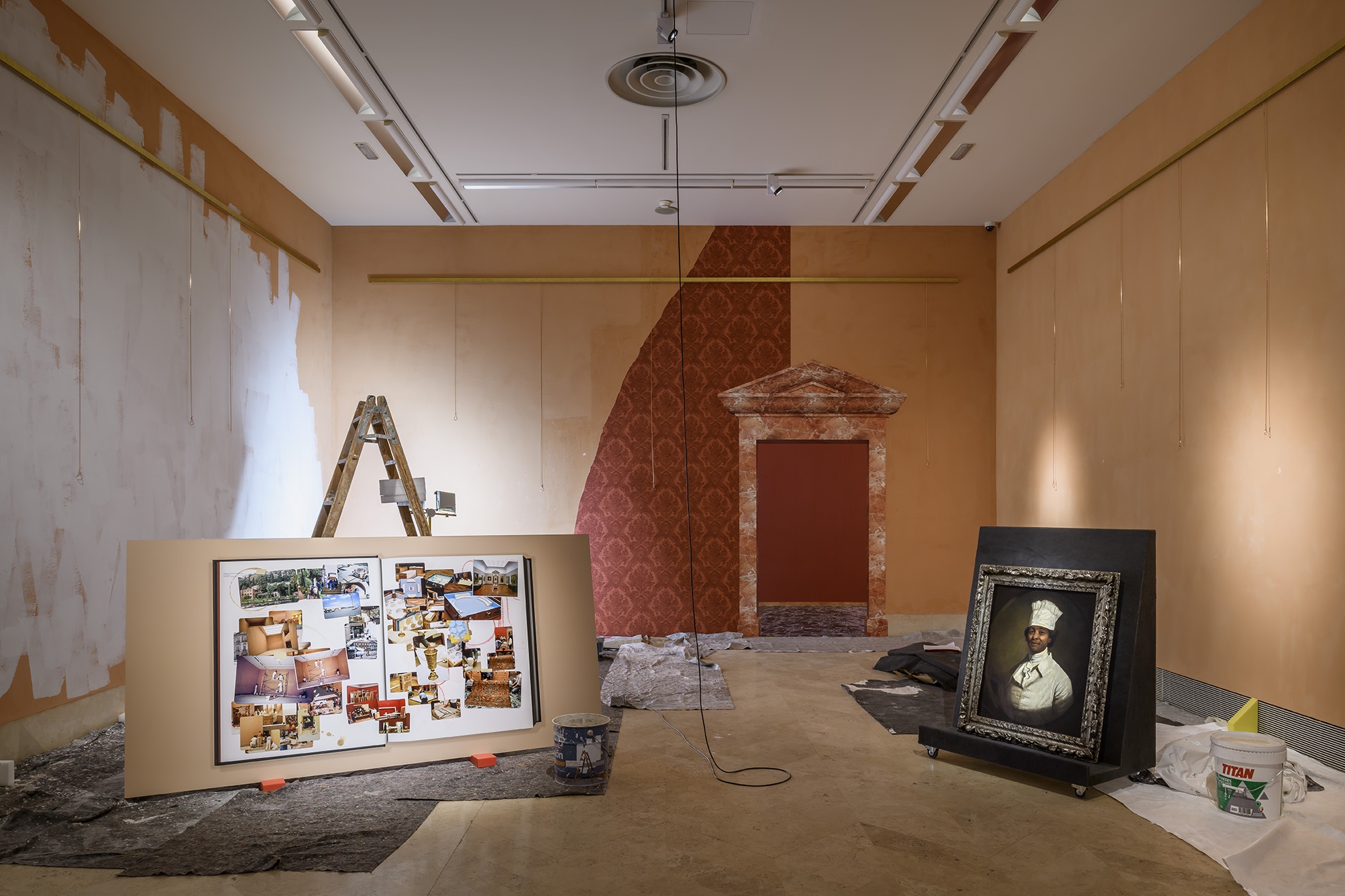 Walid Raad, Frontispiece IV: The Hangs, 2021, Installation with paint, metal, wallpaper, buckets, brushes, pigmented inkjet print, Installation view Museo Nacional Thyssen-Bornemisza, Madrid, 2021