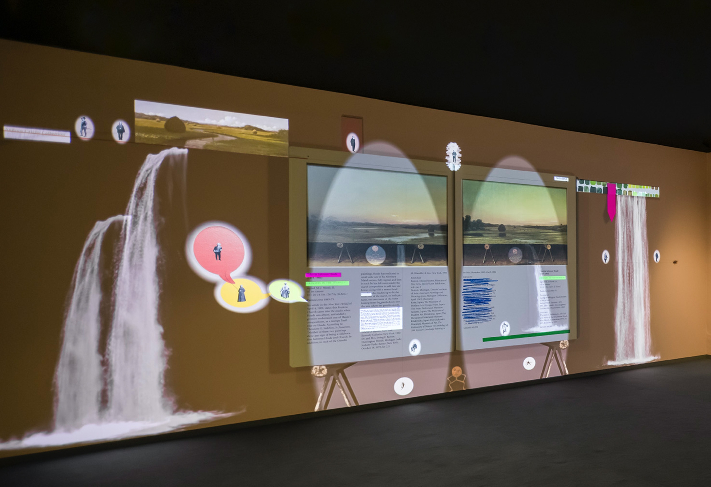Walid Raad, Frontispiece VI: The Spreads (Morse), Single channel video projection, silent, wallpaper file, inkjet print cutouts of figures, Edition 3 + 2 AP, Installation view Museo Nacional Thyssen-Bornemisza, Madrid, 2021