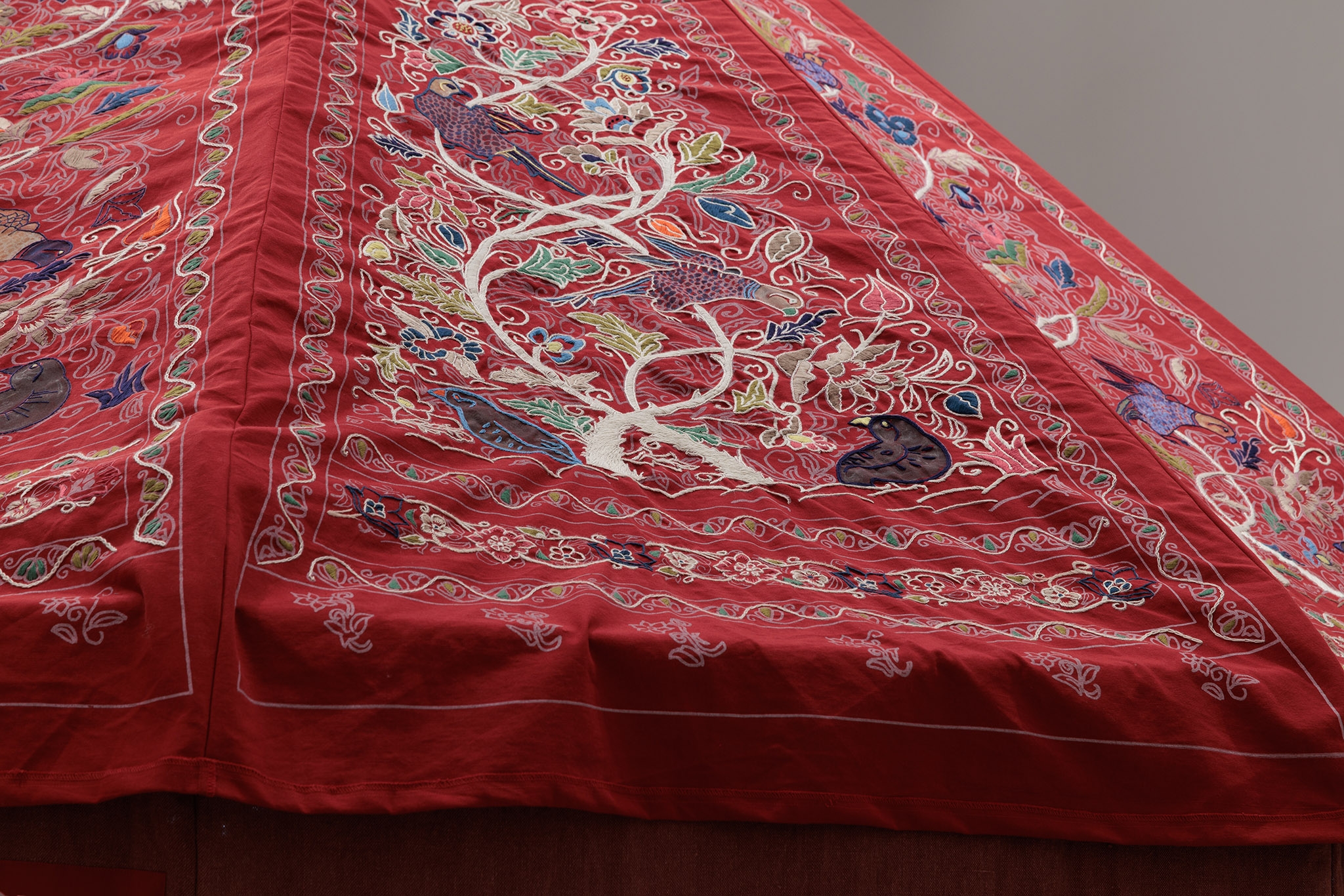 Mounira Al Solh, A day is as long as a year, 2022, Metal and wooden tent structure, embroidered fabric, sound, 400 x 400cm, Detail view BALTIC Centre for Contemporary Art, Gateshead, 2022. Photo: Rob Harris © 2022 BALTIC