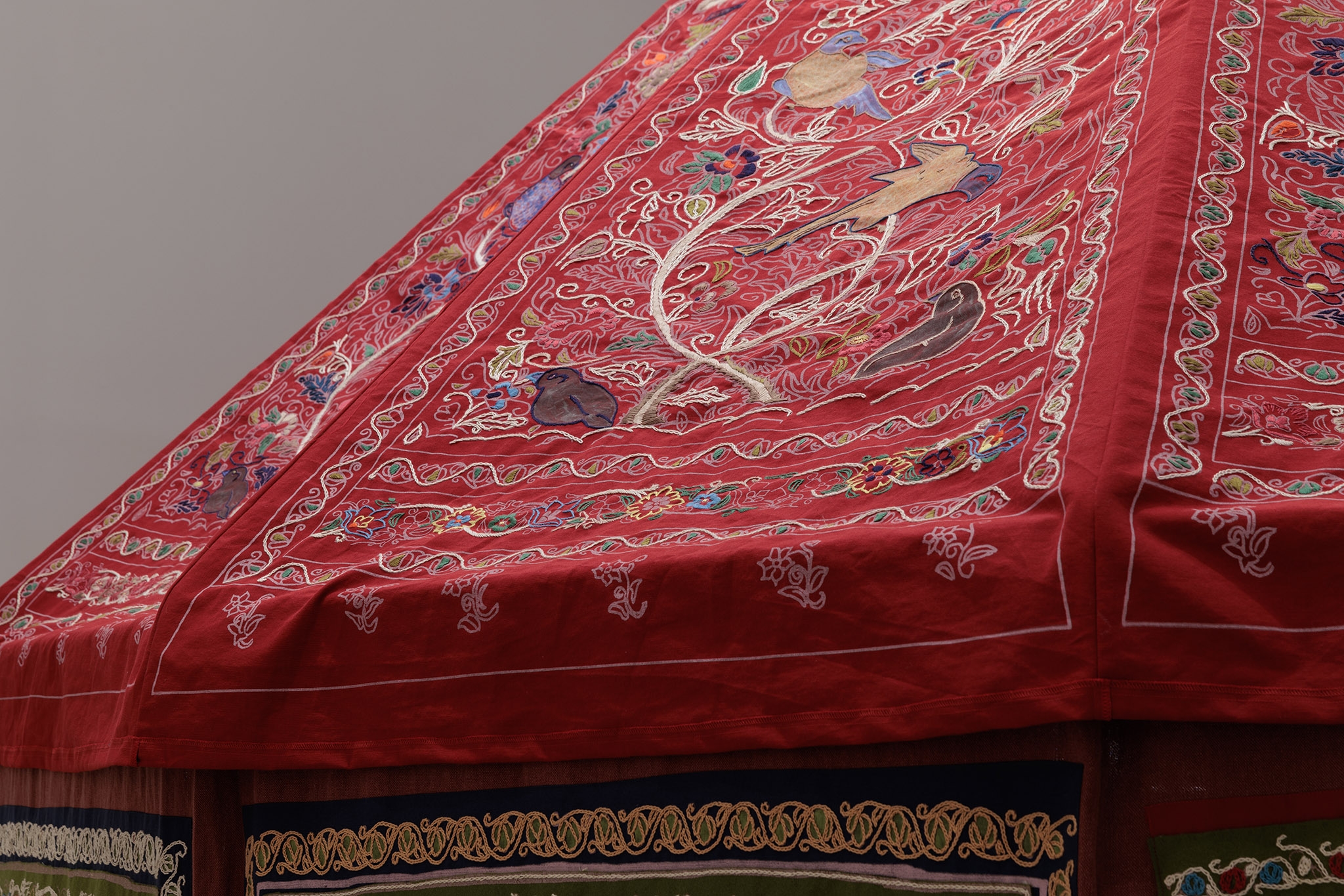 Mounira Al Solh, A day is as long as a year, 2022, Metal and wooden tent structure, embroidered fabric, sound, 400 x 400cm, Detail view BALTIC Centre for Contemporary Art, Gateshead, 2022. Photo: Rob Harris © 2022 BALTIC