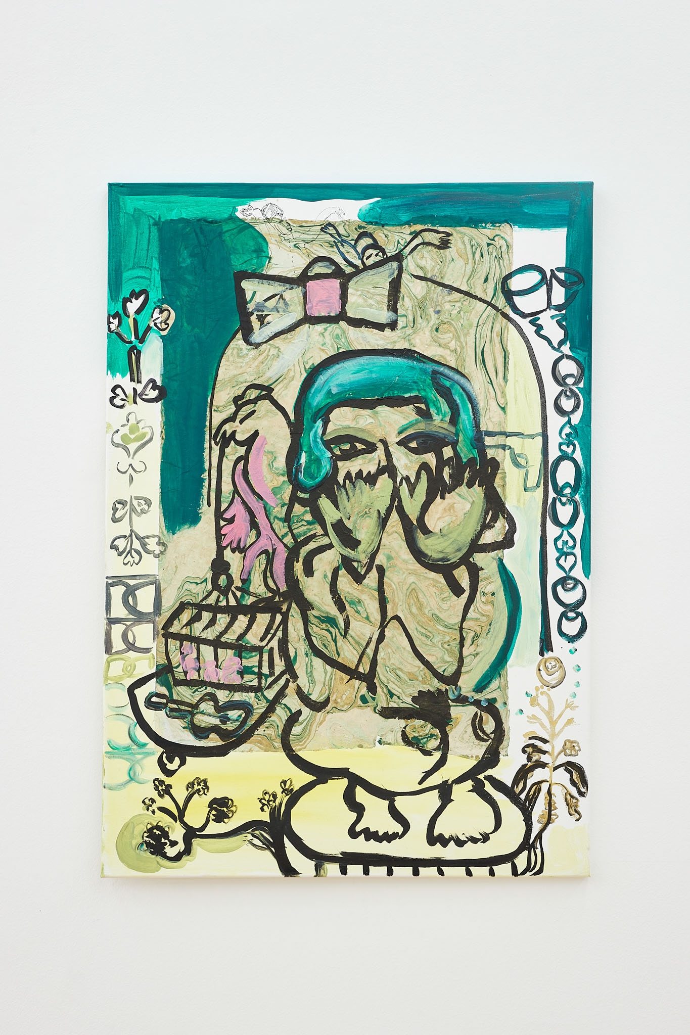 Mounira Al Solh, Megaphone on Zarif, 2023, Ink, Acrylic, Oil, and paper collage on Canvas, 100 x 70 cm