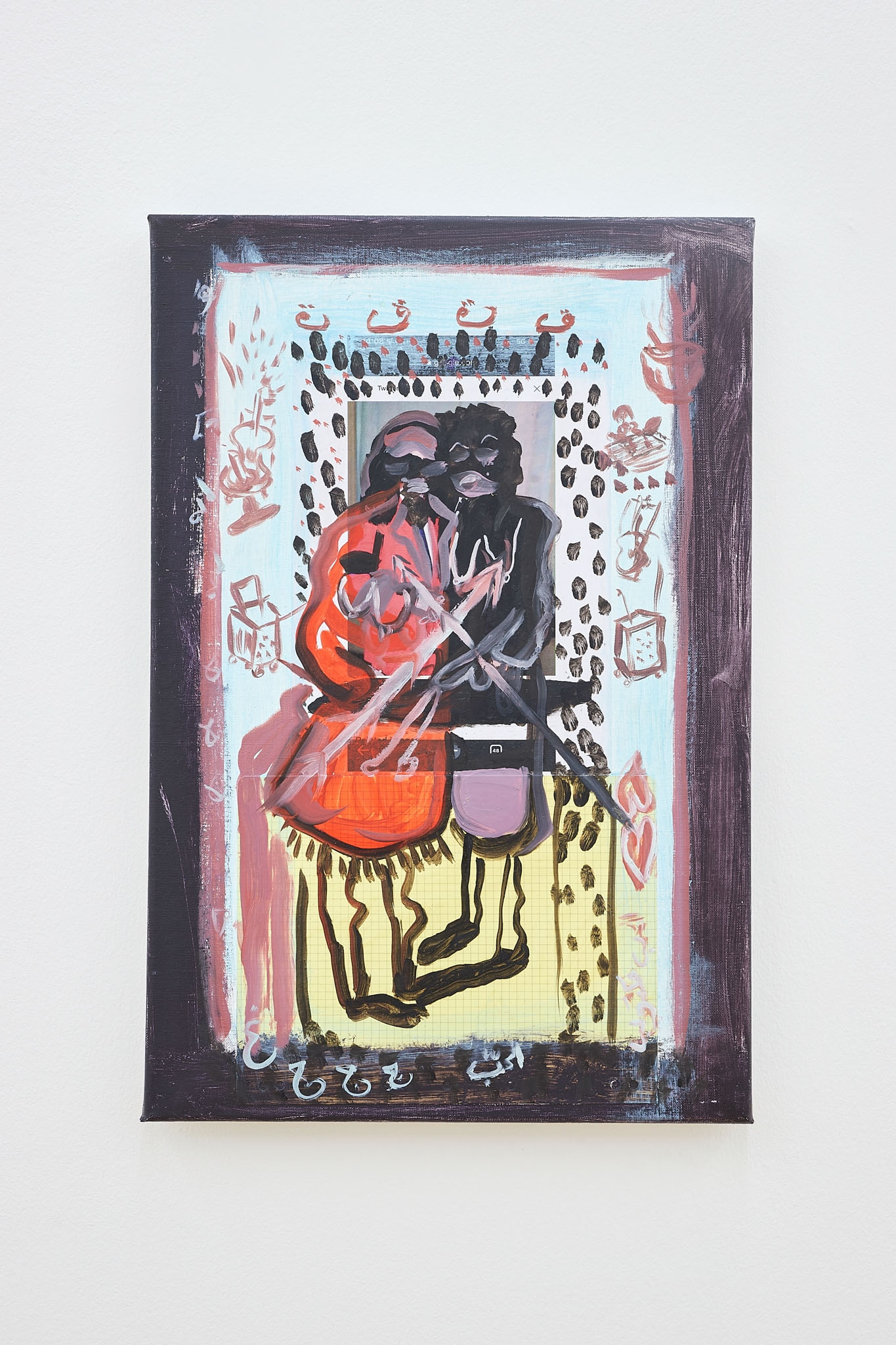 Mounira Al Solh, Two stars, 2023, Ink, Acrylic, Oil, and paper collage on Canvas, 60 x 40 cm