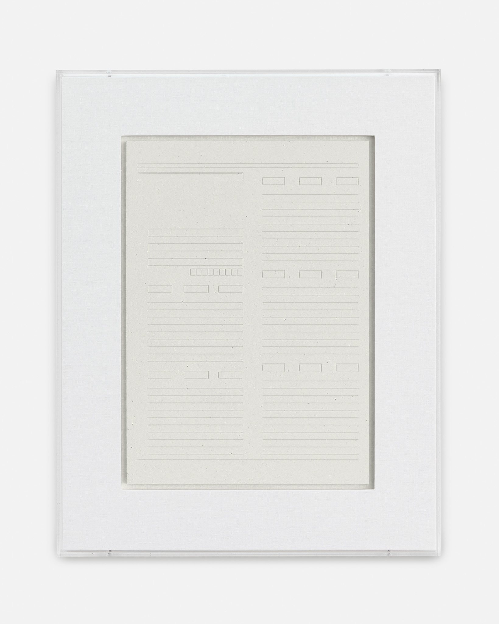 Sung Tieu, Grid form I-602, 2022, Plaster, framed in linen on wood and perspex, Exhibition view MUDAM Luxembourg, 2022