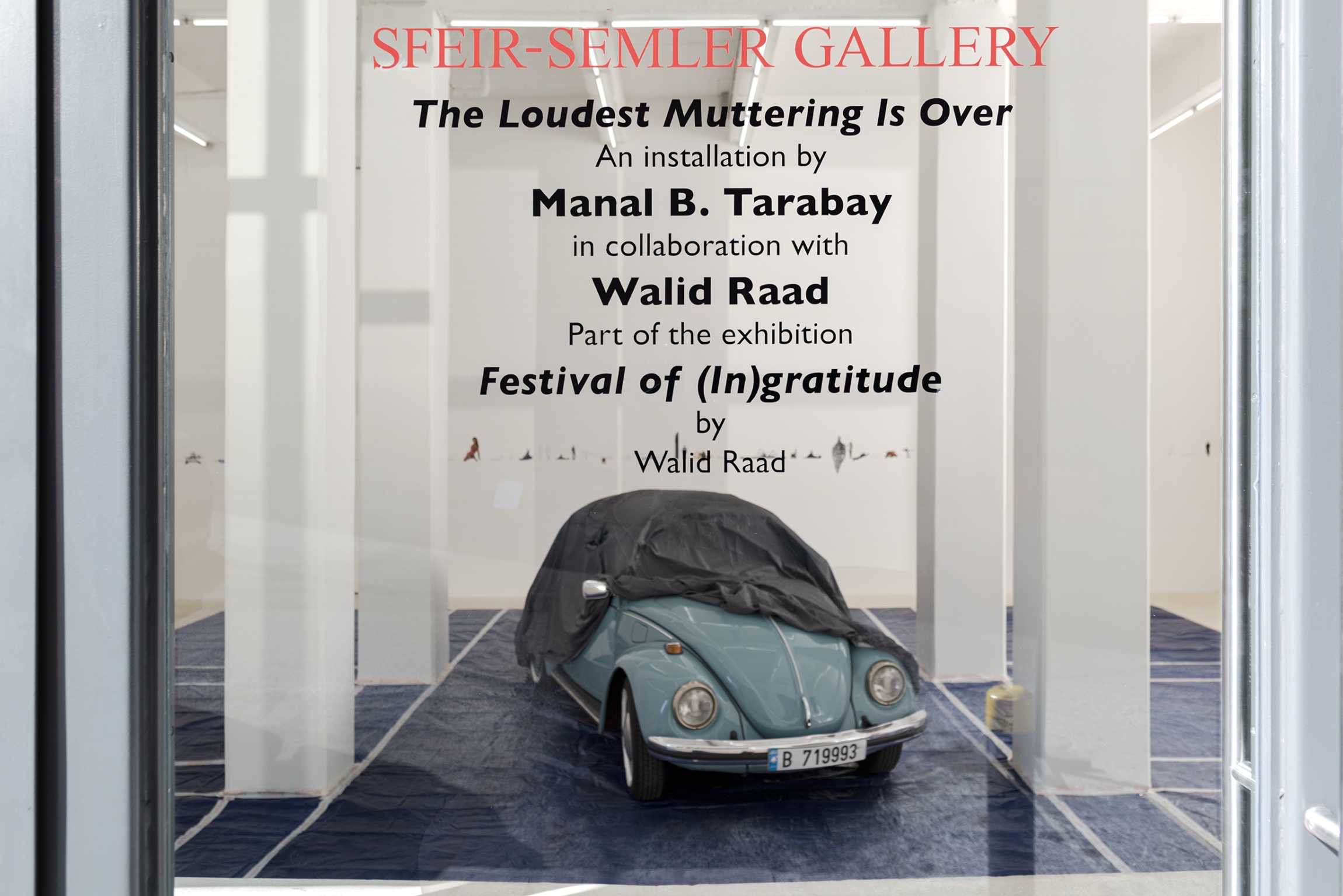 Walid Raad, 'The loudest muttering is over', 2024, VW Beetle, car cover, blue tarps, collage images, various dimensions, unique, installation view, 'Another Festival of (In)gratitude', 2024, Sfeir-Semler Downtown, Beirut