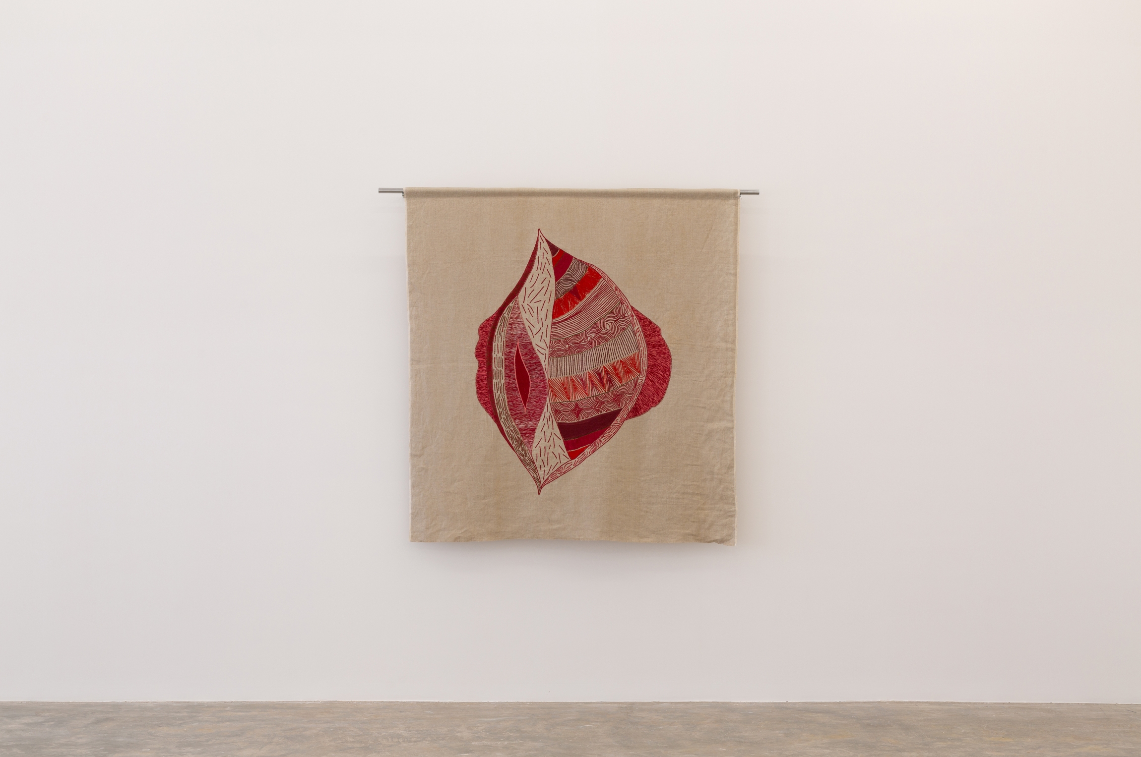 Mounira Al Solh, Murex Shell, 2025, embroidered textile, 159.3 x 151 cm, unique