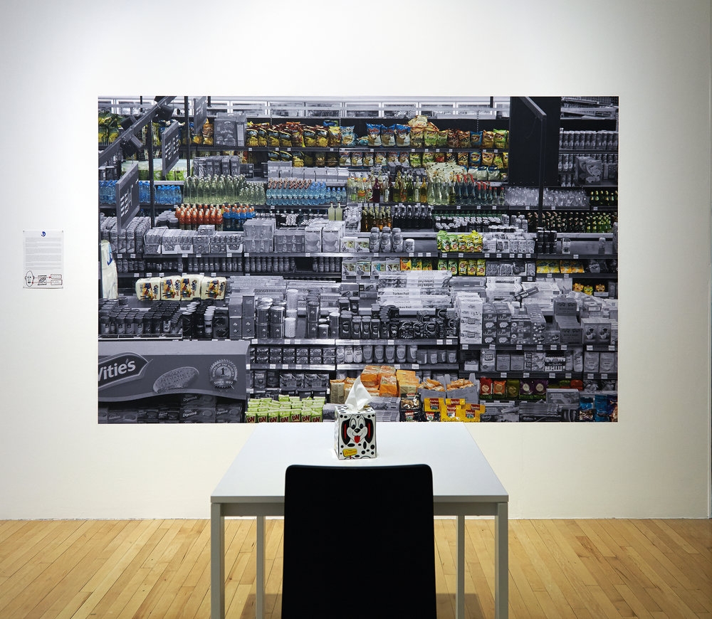 A Convention of Tiny Movements, 2015 - Spinneys Supermarket, Achrafieh Beirut August 2017, 2015, C type Print, 270 x 170 cm, Ed. 3 + 2 AP; Shudder the Thought, 2015, Audio, vibration speaker, tissue box, 9 min