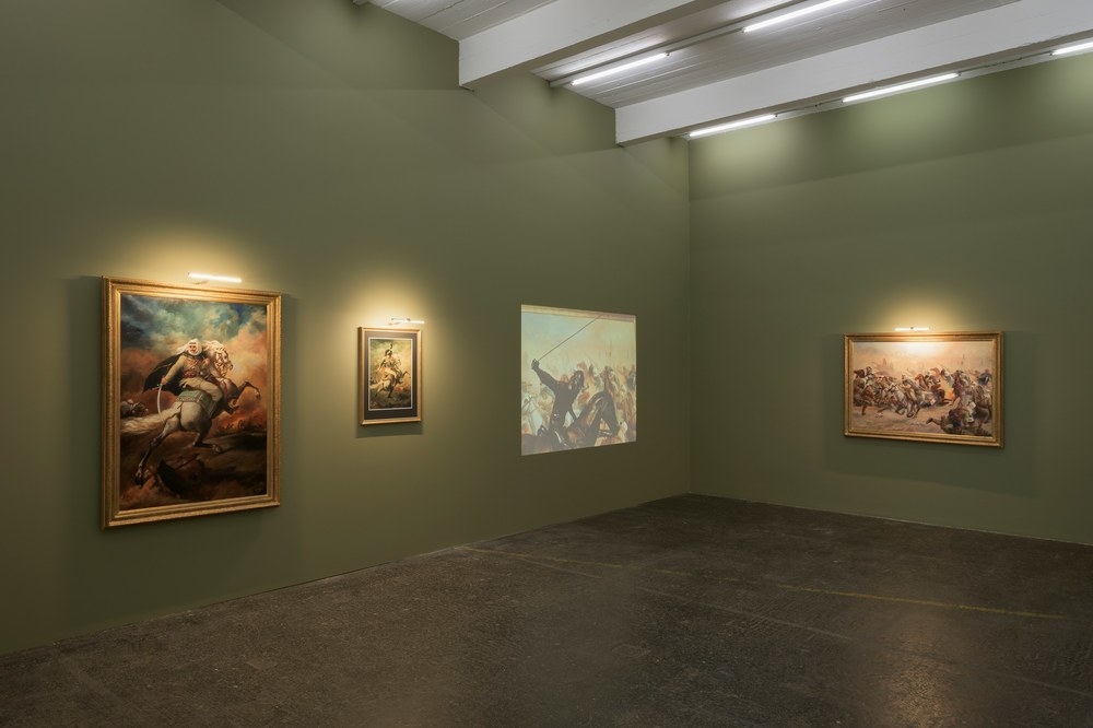 Double-Take: Leader of the Syrian Revolution Commanding a Charge, 2014, Digital video, 11 min, Ed. 3 + 2 AP. Installation, Kunst Halle Sankt Gallen, Switzerland, 2015