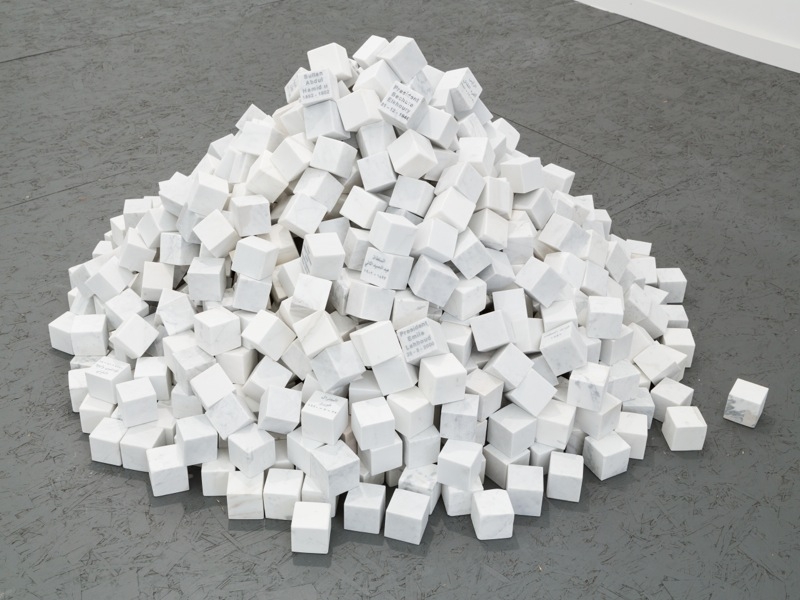 ​​​​​​Veni, Vidi, Vici, 2013, 1000 marble cubes, 13 engraved in English, 13 engraved in Arabic, each stone: 7 x 7 x 7 cm, overall dimensions: ø 160 x 80 cm, Ed. 5 + 1 AP, Permanent collection in Centre Pompidou