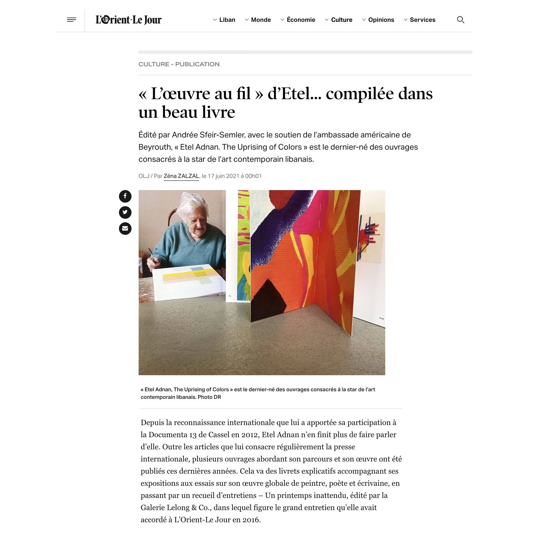 "«L’œuvre au fil» d’Etel...compilée dans un beau livre" | Article by Zéna Zalzal for L'Orient-Le Jour from June 17, 2021