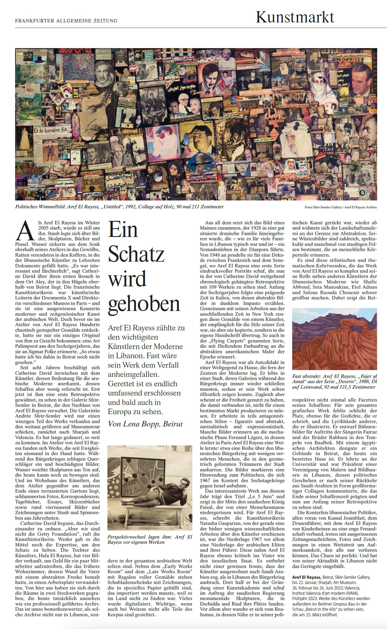 "Ein Schatz wird gehoben", Article on Aref El Rayess in our Gallery space in Beirut by Lena Bopp via Frankfurter Allgemeine Zeitung, January 8, 2022
