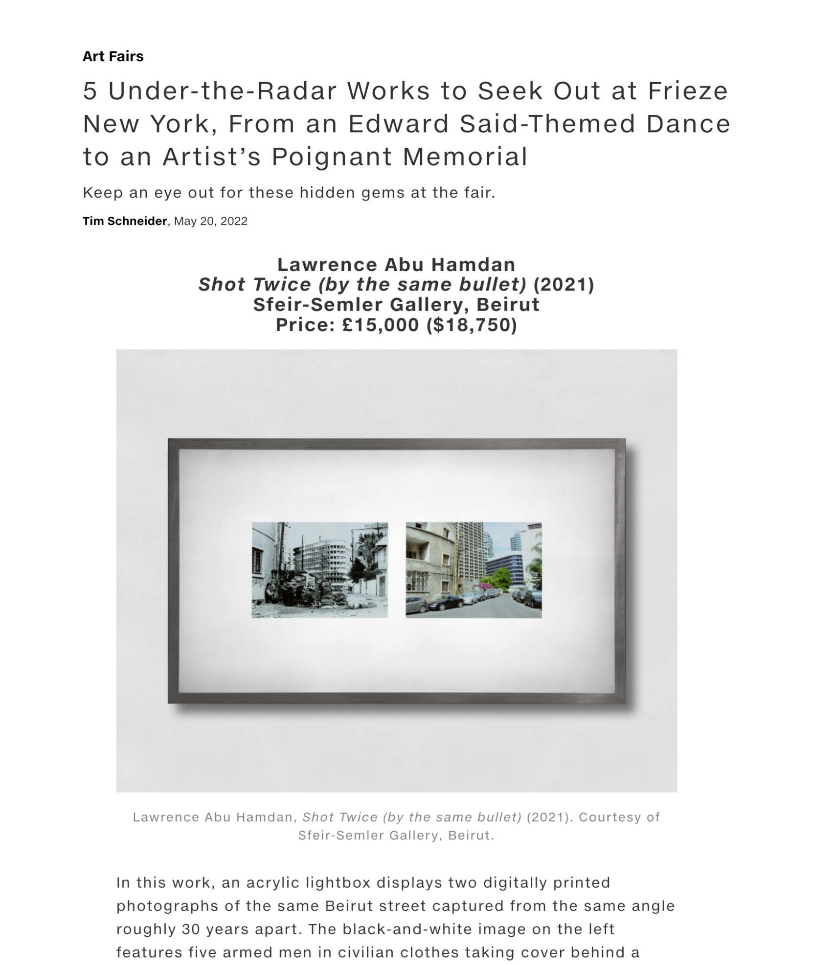 Lawrence Abu Hamdan's "Shot Twice (by the same bullet)", 2021 among ArtNet's 5 Under-the-Radar Works to Seek Out at Frieze New York | via ArtNet, May 20, 2022