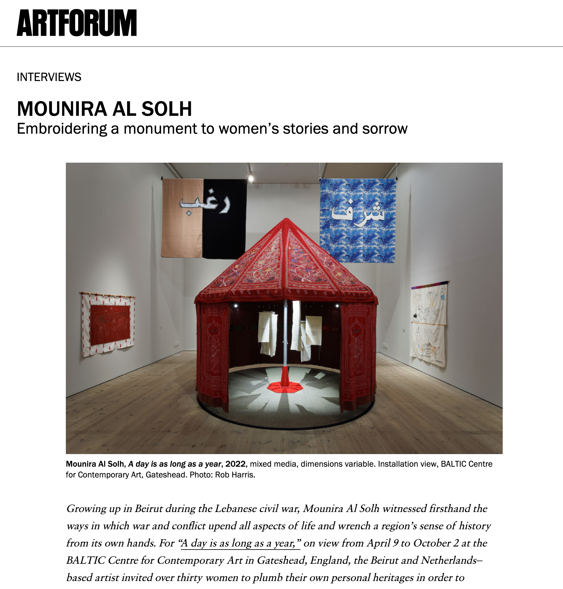 Mounira Al Solh “Embroidering a monument to women’s stories and sorrow”, — Interview with Juliana Halpert | via Artforum, May 3, 2022