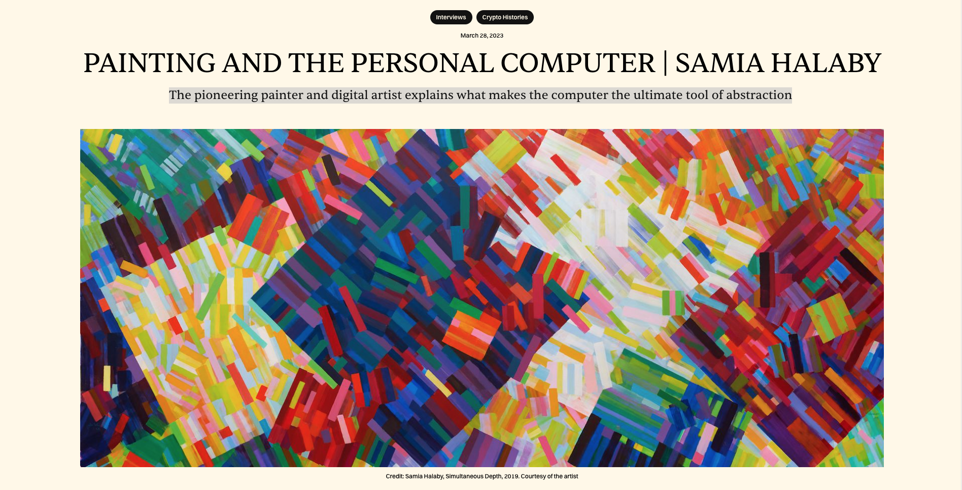 Samia Halaby "PAINTING AND THE PERSONAL COMPUTER | SAMIA HALABY", — Alex Estorick | via Right Click Save, March 28, 2023