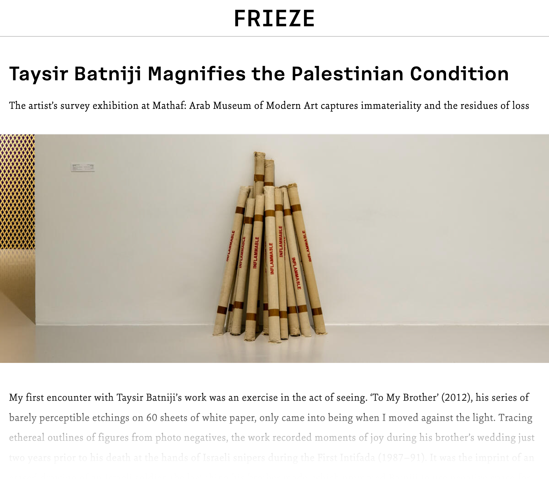 Taysir Batniji, Exhibition review “No Condition is Permanent”, Mathaf - Arab Museum of Modern Art — Nadine Khalil | via Frieze, March 2023