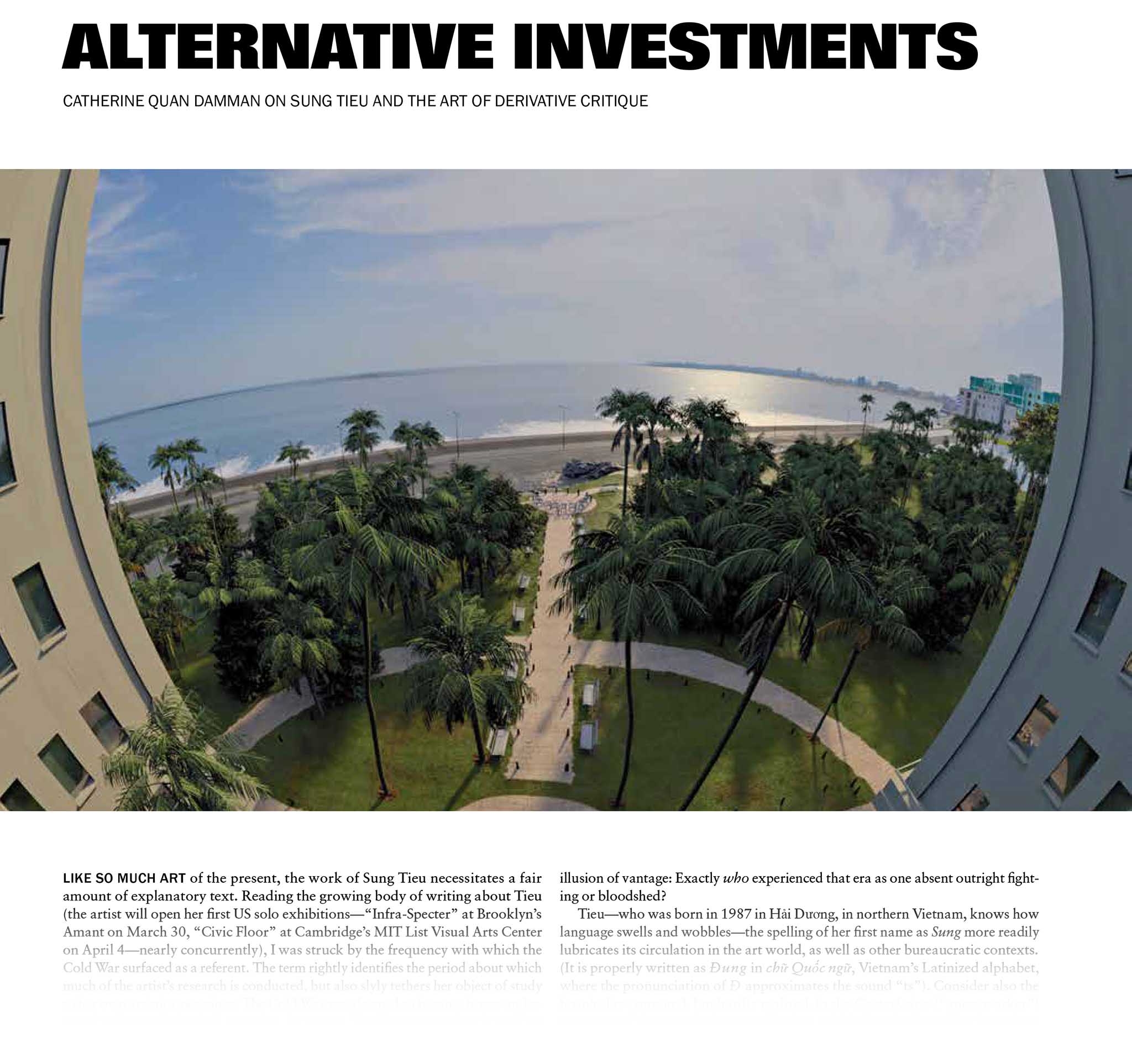 Sung Tieu, “Alternative Investments” — Catharine Quan Damman | via Artforum, April 2023