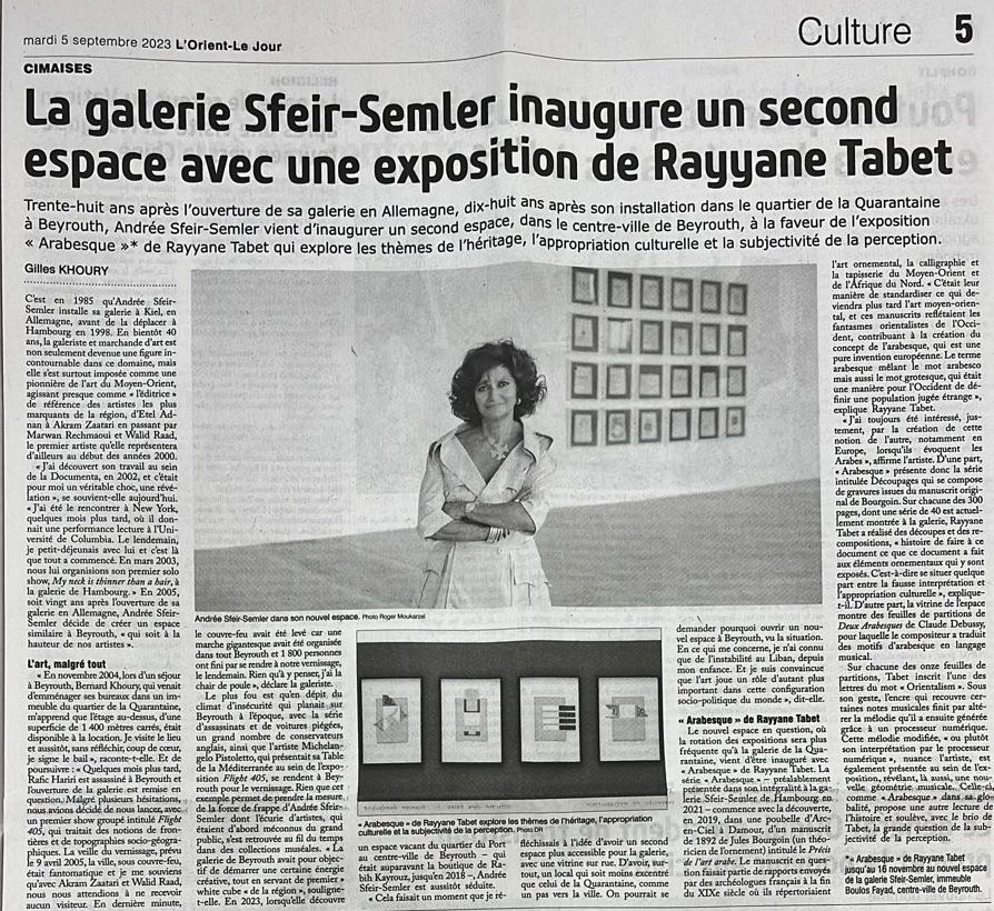 « La galerie Sfeir-Semler inaugure un second espace avec une exposition de Rayyane Tabet », —  Gilles Khoury | via L'Orient-Le Jour, September 5, 2023