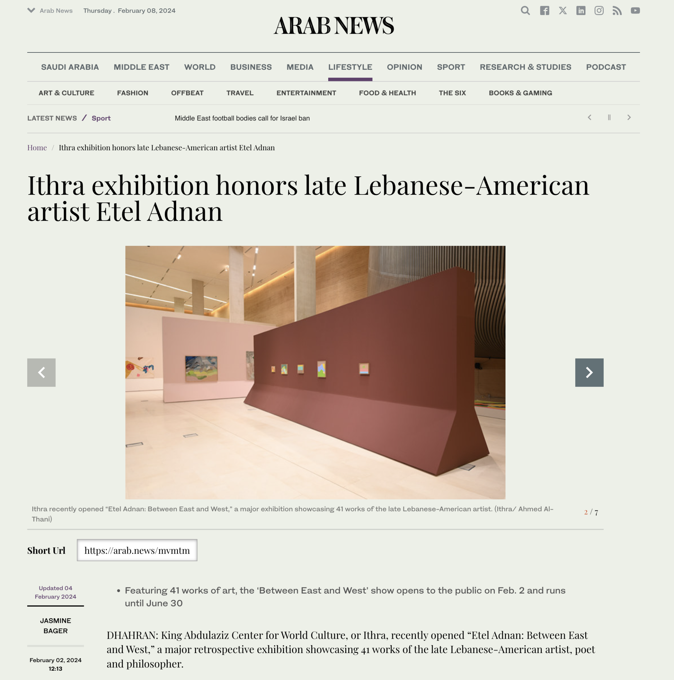 Etel Adnan « Ithra exhibition honors late Lebanese-American artist Etel Adnan » | via Arab News, January 17, 2024