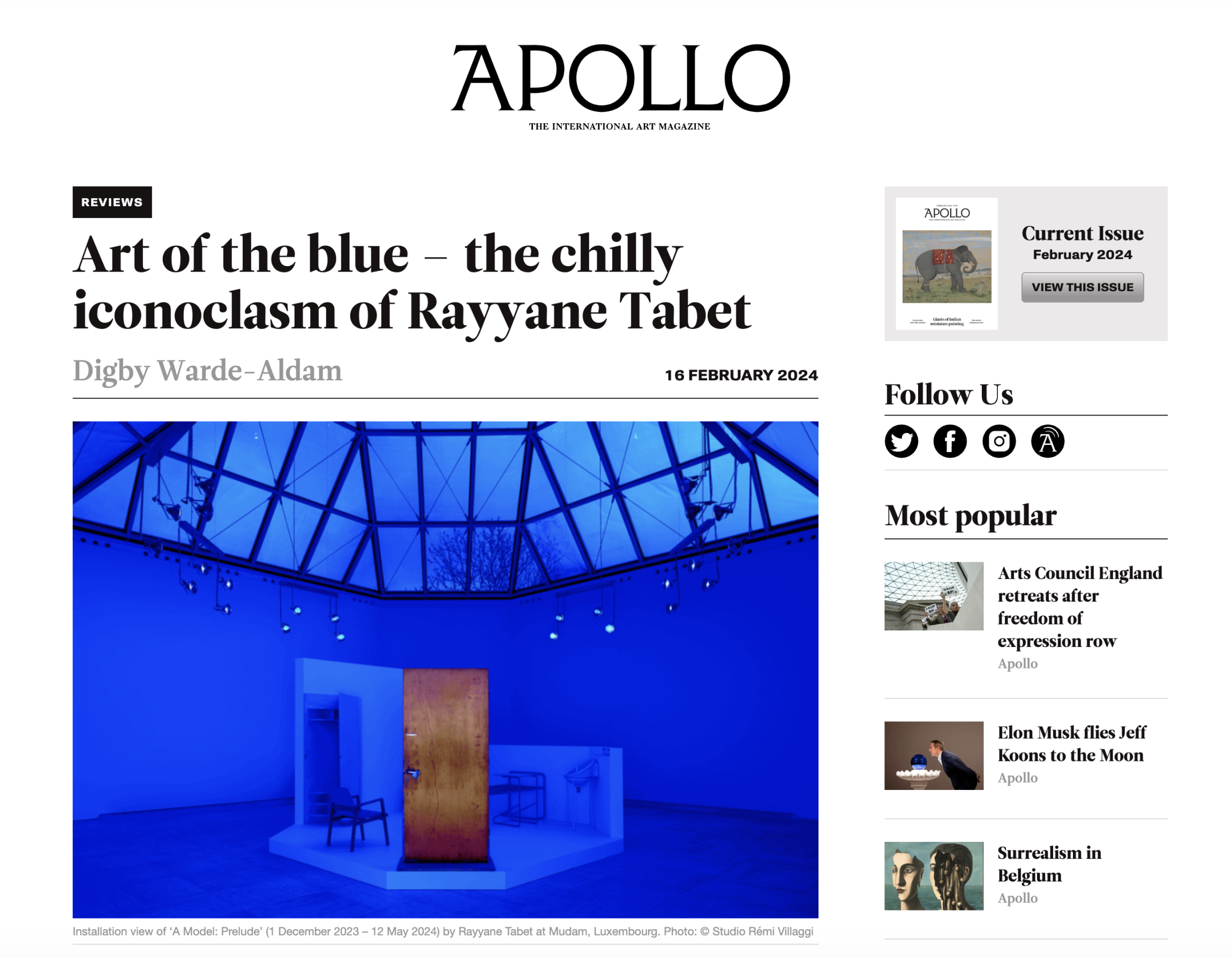 Rayyane Tabet « Art of the blue – the chilly iconoclasm of Rayyane Tabet » | via Apollo Magazine, February 16, 2024