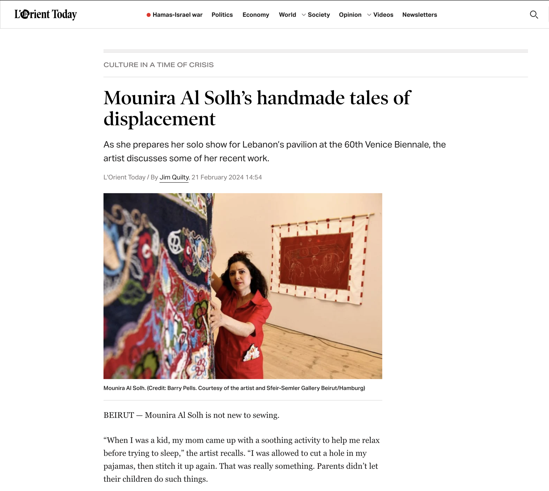 Mounira Al Solh « Mounira Al Solh’s handmade tales of displacement » | via L'Orient Today, February 21, 2024