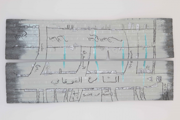 Ain El Hilwe #1, 2011, Diptych: Oil pastel, enamel on corrugated tin, 200 x 48 cm each