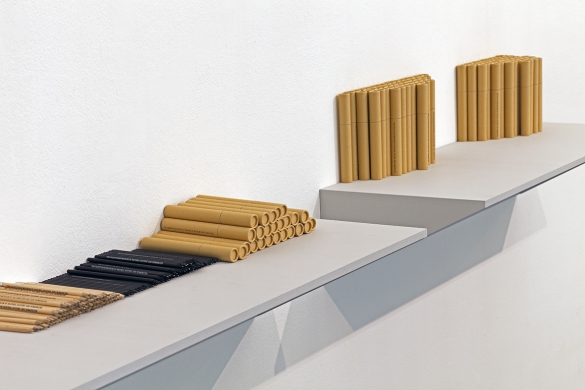 Writing, Museum name, pencil shelves, 2014, Wooden pencils, tubes, shelves, Variable dimensions