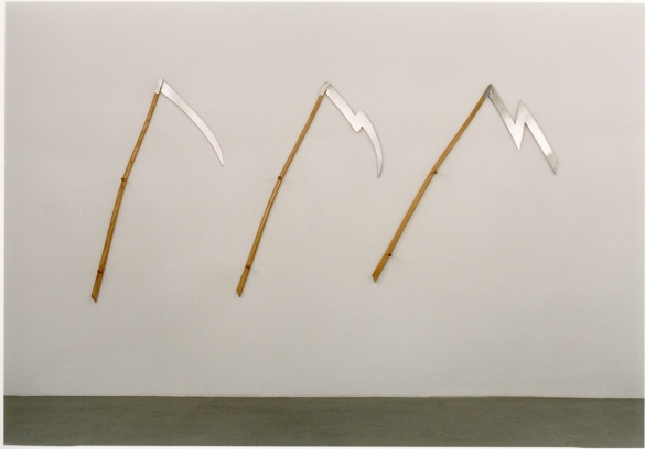 Three Scythes, 1992, Wood and steel, 190 x 83 / 85 / 90 x 18 cm