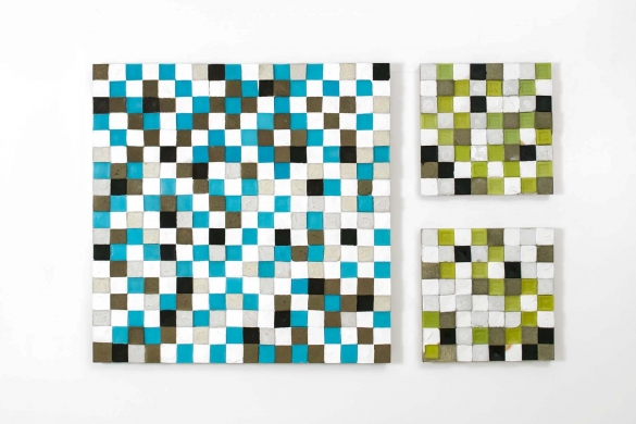 Blue, 2019, Concrete, beeswax, plaster, tar and pigment powder, 1 piece, 90 x 90 x 7 cm, 2 pieces, 40 x 40 x 7 cm each, Ed. 5 + 2 AP