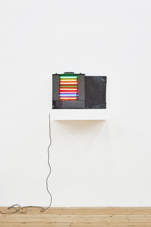 Found Suitcase, 2020, neon, metal, plastic, 12.7 x 40.64 x 43.18 cm