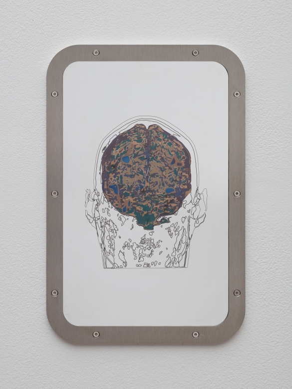 Sung Tieu, Exposure to Havana Syndrome (MRI / back), Self-Portrait, 2020, laser engraving on stainless steel prison mirror, 45 x 30 cm