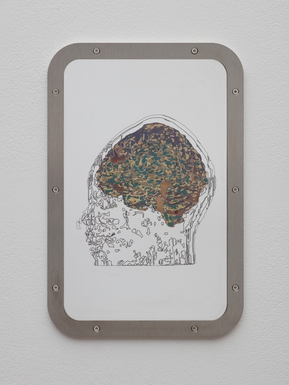 Sung Tieu, Exposure to Havana Syndrome (MRI / left), Self-Portrait, 2020, laser engraving on stainless steel prison mirror, 45 x 30 cm