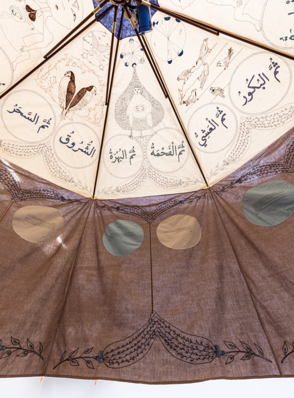 Mounira Al Solh, Lackadaisical Sunset to Sunset, 2022, Installation: embroidered textile, wood, metal, mixed media on paper, sound; Dimensions variable