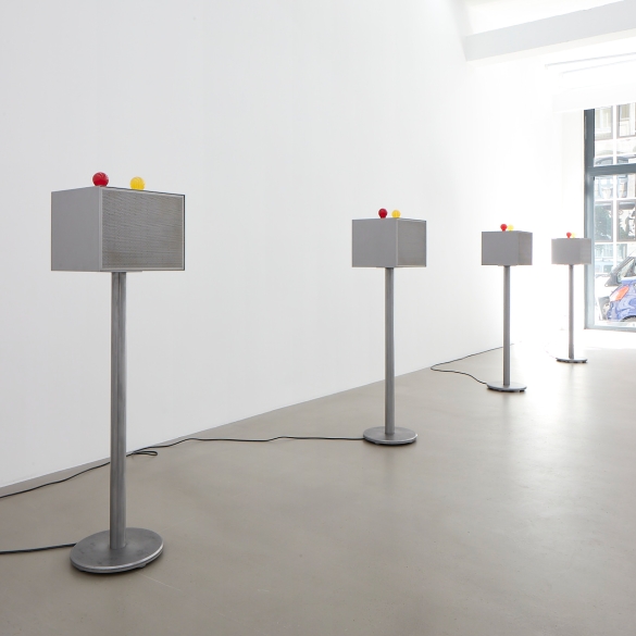 Lawrence Abu Hamdan, The Witness-Machine Complex, 2021, 7 steel stands, 7 video projections, 7 audio channels, 14 light bulbs, 136,5 x 35 x 35 cm each