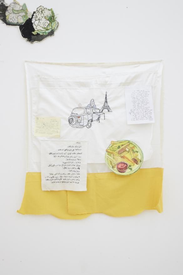 Damascus-Istanbul-Paris Van #1, 2016, Hand and machine stitched embroideries, pen, marker on textile and paper, 86.5 x 77 cm
