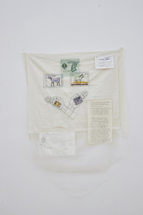 Rare Arab Stamps Collection, 2016, Hand and machine stitched embroideries, pen, marker on textile and paper, 122 x 84.5 cm