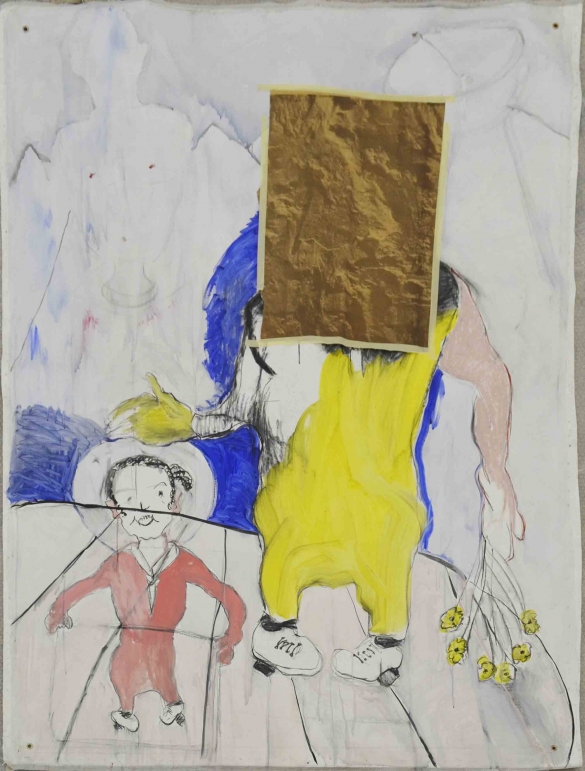 Reclining Man with Sculpture 3, 2008/2014, Mixed media on canvas, 205.5 x 150 cm