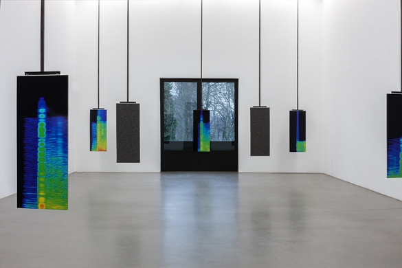 Earshot, 2016, HD Video, sound, loudspeakers, C-Print on kodak metallic paper mounted onto re-bonded foam, Video; 21:47 mins; Installation; Variable dimensions; C-Prints; 50 x 125 cm., Ed. 2 + 2 AP. Installation view, Portikus, Frankfurt/Main, 2016