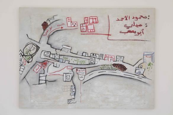 Shabriha #9, 2011, Acrylic, china marker and oil pastel on synthetic burlap, 90 x 120 cm