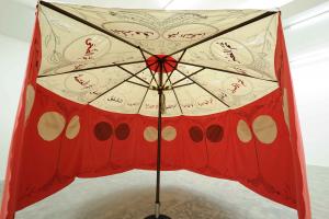 Mina El Shourouk ila Al Fahmah, 2019, Parasol, embroidered tents, 3.5 x 3.5 m, Installation view, Sfeir-Semler Gallery Beirut, 2019