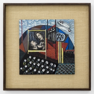 Aref El Rayess, Temps Moderne et Tiers Monde - (Modern Times and Third world) or La marche des peuples du Tiers-Monde entre le développement et la Révolution, 1974-75, Collage and laquer on wood, c.26,5 x 26,5 cm