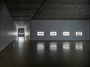 Lawrence Abu Hamdan, Shot Twice (With the Same Bullet), 2021, 8 flatscreens with aluminium frame, mounted photos, 125 x 73 x 8,5 cm, Edition of 6 + 2 AP, Installation view Bonnie’s Konsthall 2021